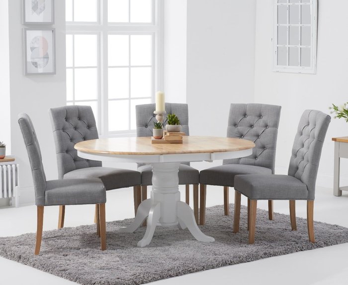 Oak Furniture Superstore | Oak Furniture Superstore Epsom Oak and White Painted Pedestal Extending Table With 4 Grey Isabella Fabric Chairs Oak Furniture Superstore Epsom Oak and White Painted Pedestal Extending Table With 4 Grey Isabella Fabric Chairs