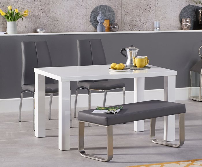 Oak Furniture Superstore | Oak Furniture Superstore Seattle 120cm White High Gloss Dining Table with 2 White Marco Chairs and 1 Austin Grey Bench Oak Furniture Superstore Seattle 120cm White High Gloss Dining Table with 2 White Marco Chairs and 1 Austin Grey Bench
