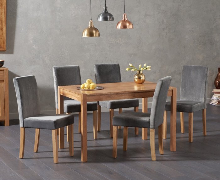 Oak Furniture Superstore | Oak Furniture Superstore Oxford 120cm Solid Oak Dining Table With 4 Grey Lila Grey Plush Chairs Oak Furniture Superstore Oxford 120cm Solid Oak Dining Table With 4 Grey Lila Grey Plush Chairs
