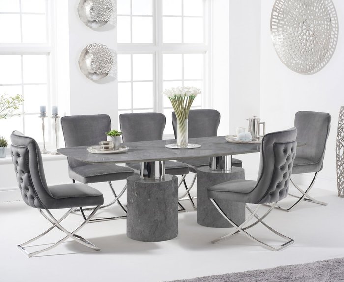 Oak Furniture Superstore | Oak Furniture Superstore Antonio 220cm Grey Marble Table With 10 Grey Giovanni Velvet Chairs Oak Furniture Superstore Antonio 220cm Grey Marble Table With 10 Grey Giovanni Velvet Chairs