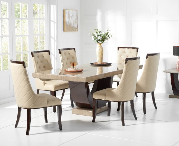 Oak Furniture Superstore | Oak Furniture Superstore Raphael 170cm Brown Pedestal Marble Dining Table With 4 Cream Francesca Chairs Oak Furniture Superstore Raphael 170cm Brown Pedestal Marble Dining Table With 4 Cream Francesca Chairs
