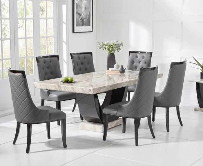 Oak Furniture Superstore | Oak Furniture Superstore Raphael 170cm Cream and Black Pedestal Marble Dining Table With 4 Cream Francesca Chairs Oak Furniture Superstore Raphael 170cm Cream and Black Pedestal Marble Dining Table With 4 Cream Francesca Chairs