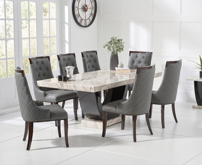 Oak Furniture Superstore | Oak Furniture Superstore Raphael 200cm Cream and Black Pedestal Marble Dining Table With 10 Cream Francesca Chairs Oak Furniture Superstore Raphael 200cm Cream and Black Pedestal Marble Dining Table With 10 Cream Francesca Chairs