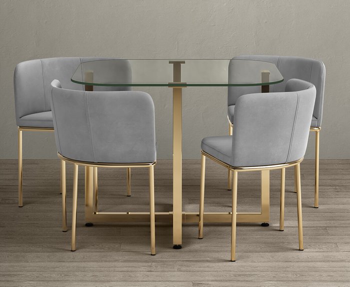 Oak Furniture Superstore | Oak Furniture Superstore Rhodes Glass Stowaway Dining Table Gold Leg with Grey Velvet High Back Stools Oak Furniture Superstore Rhodes Glass Stowaway Dining Table Gold Leg with Grey Velvet High Back Stools