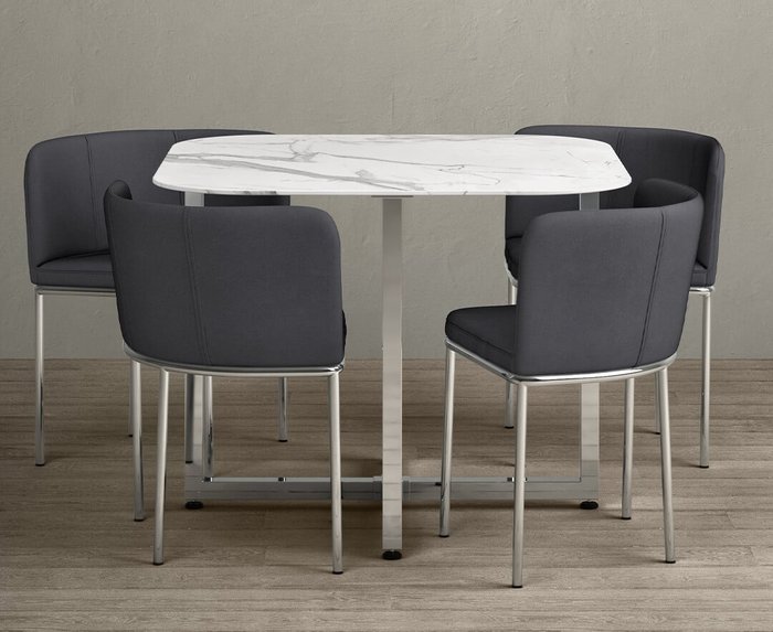 Oak Furniture Superstore | Oak Furniture Superstore Rhodes White Marble Stowaway Dining Table with Grey High Back Stools Oak Furniture Superstore Rhodes White Marble Stowaway Dining Table with Grey High Back Stools