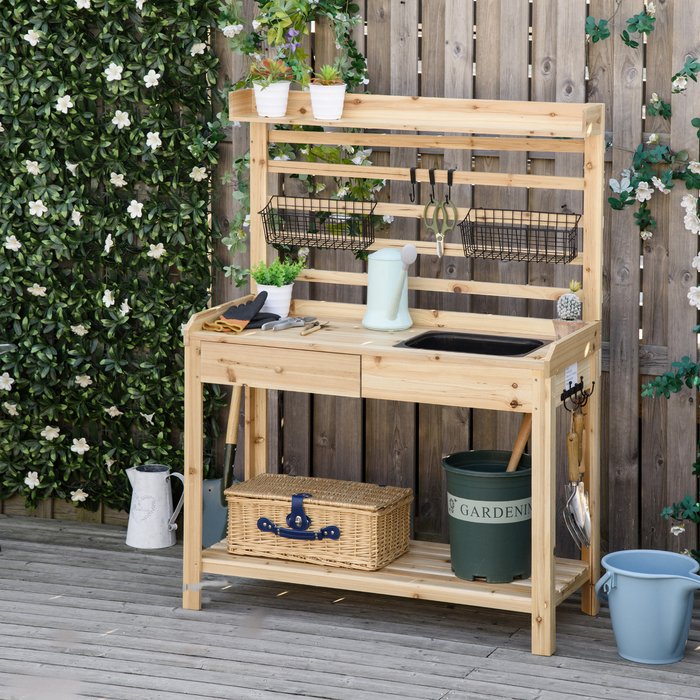 The Range | Outsunny Potting Bench Table, Garden Work Bench - Natural wood finish Outsunny Potting Bench Table, Garden Work Bench - Natural wood finish