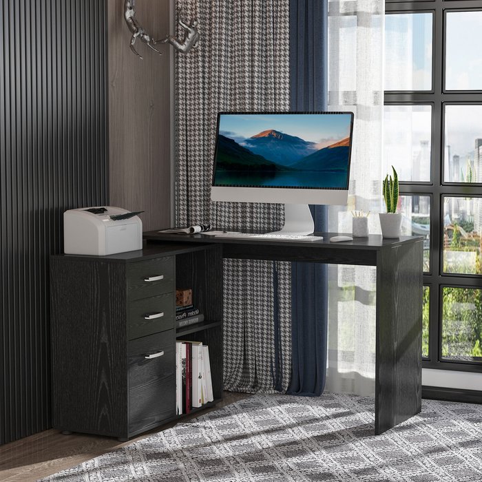 The Range | Zennor Zennor Compact L-Shaped Rotating Computer Desk with Drawers, Shelf & File Cabinet - White/Black Zennor Zennor Compact L-Shaped Rotating Computer Desk with Drawers, Shelf & File Cabinet - White/Black