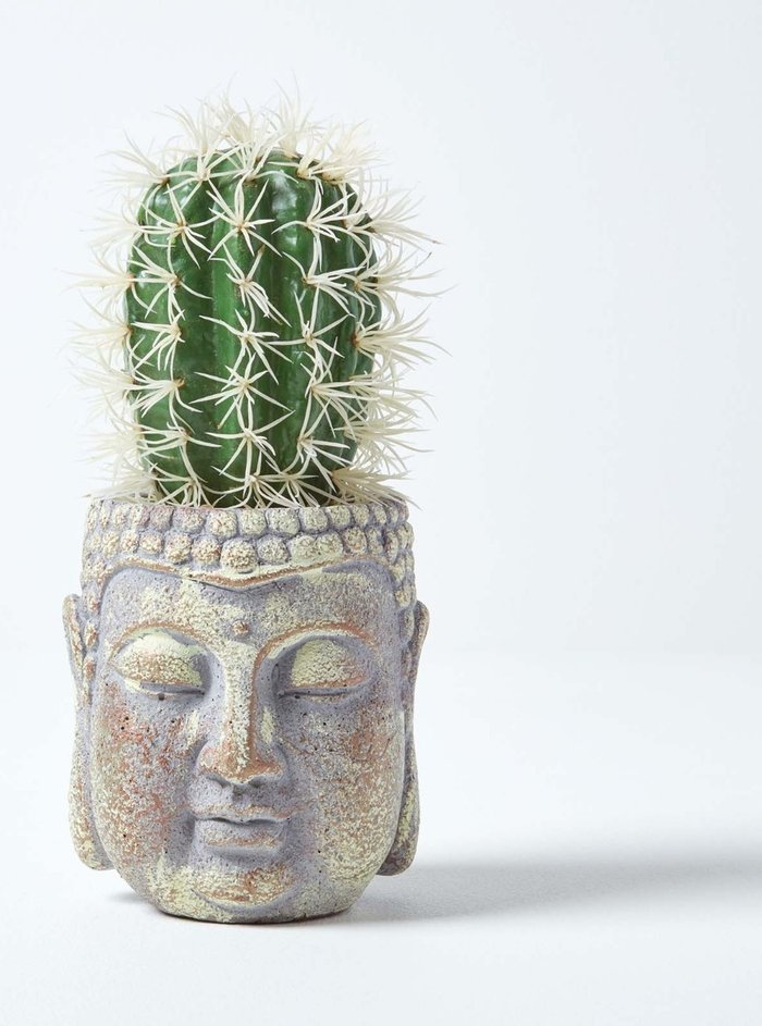 The Range | Homescapes Homescapes Echioncactus Artificial Cactus in Buddha Head Stone Pot, 24 cm Tall - Green Homescapes Homescapes Echioncactus Artificial Cactus in Buddha Head Stone Pot, 24 cm Tall - Green
