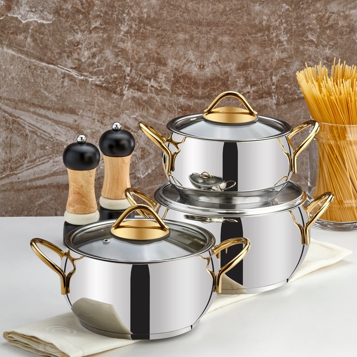 The Range | Rozi Sevval Collection 6-piece Stainless Steel Mini Cookware Set - Gold Handles Rozi Sevval Collection 6-piece Stainless Steel Mini Cookware Set - Gold Handles