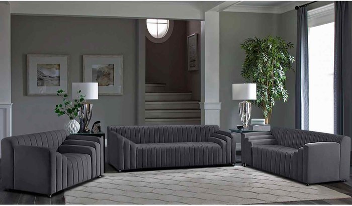 The Range | Simply Eleganza Jessica 3 Piece Flued Sofa Set in Velour Fabric - Grey Simply Eleganza Jessica 3 Piece Flued Sofa Set in Velour Fabric - Grey