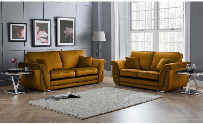 The Range | Simply Eleganza Luca 3 and 2 Seater Full Back Sofa Set Velvet with Beading - Gold Simply Eleganza Luca 3 and 2 Seater Full Back Sofa Set Velvet with Beading - Gold