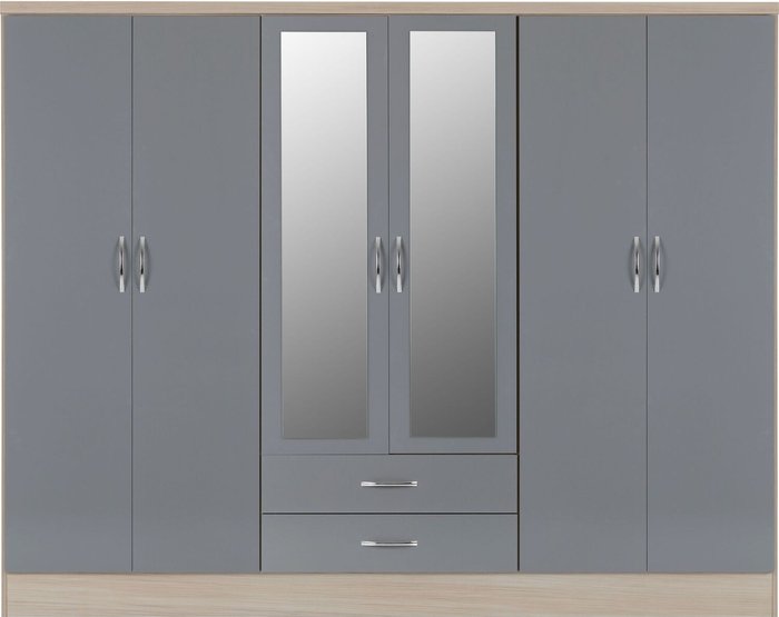 The Range | Seconique Nevada 6 Door 2 Drawer Mirrored Wardrobe - Grey Gloss, Light Oak Seconique Nevada 6 Door 2 Drawer Mirrored Wardrobe - Grey Gloss, Light Oak