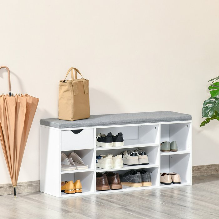 The Range | HOMCOM Shoe Storage Bench with Cushion 7 Compartments - White and Grey HOMCOM Shoe Storage Bench with Cushion 7 Compartments - White and Grey
