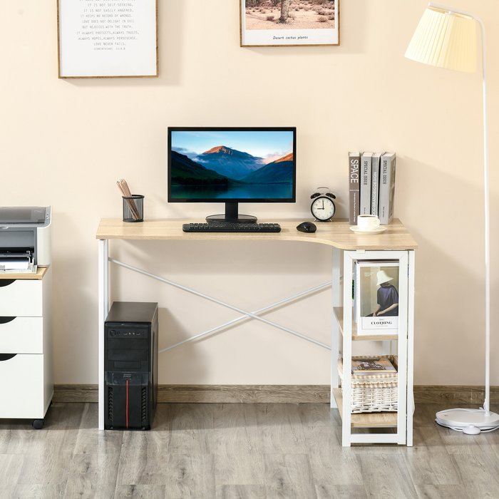 The Range | HOMCOM L-Shaped Computer Desk with 2 Shelves - Oak HOMCOM L-Shaped Computer Desk with 2 Shelves - Oak
