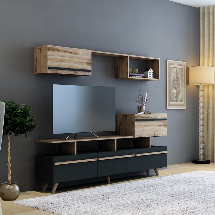 The Range | Destina Home Lenora TV Stand and Entertainment Center - Dark Oak - Anthracite Destina Home Lenora TV Stand and Entertainment Center - Dark Oak - Anthracite