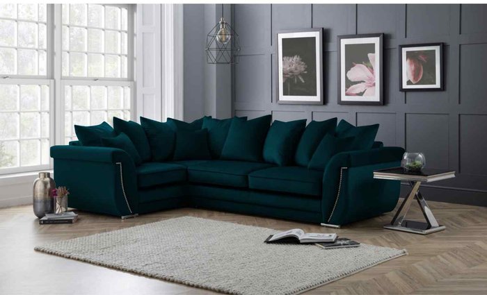The Range | Simply Eleganza Luca Scatterback L Shape Left Hand Corner Sofa Velour Velvet Fabric with Beading - Emerald Simply Eleganza Luca Scatterback L Shape Left Hand Corner Sofa Velour Velvet Fabric with Beading - Emerald