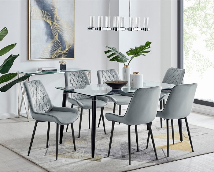 The Range | FurnitureboxUK Pisa Black Leg Glass Dining Table with 6 Pesaro Black Leg Chairs - Grey FurnitureboxUK Pisa Black Leg Glass Dining Table with 6 Pesaro Black Leg Chairs - Grey