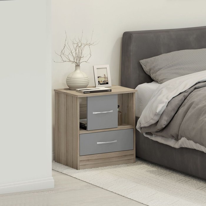 The Range | Seconique Nevada Sliding Door Bedside - Grey Gloss, Light Oak Seconique Nevada Sliding Door Bedside - Grey Gloss, Light Oak