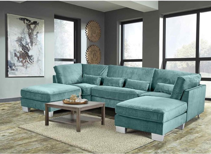 The Range | Simply Eleganza Almora Full Back Corner U Shape Sofa Velour Fabric with 2 Footstools - Turquoise Simply Eleganza Almora Full Back Corner U Shape Sofa Velour Fabric with 2 Footstools - Turquoise