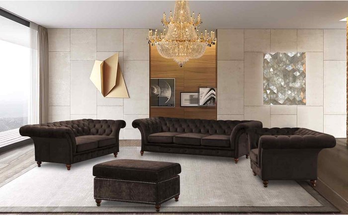 The Range | Simply Eleganza Marcus Chesterfield 4 Piece Sofa Set in Velour Fabric - Brown Simply Eleganza Marcus Chesterfield 4 Piece Sofa Set in Velour Fabric - Brown