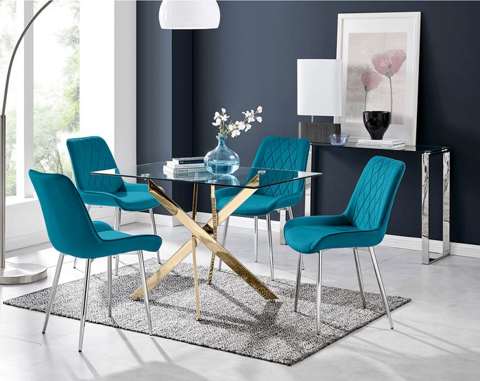 The Range | FurnitureboxUK Leonardo Dining Table With Four Pesaro Silver Leg Chairs - Blue FurnitureboxUK Leonardo Dining Table With Four Pesaro Silver Leg Chairs - Blue
