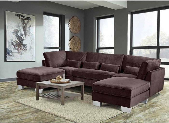 The Range | Simply Eleganza Almora Full Back Corner U Shape Sofa Velour Fabric with 2 Footstools - Brown Simply Eleganza Almora Full Back Corner U Shape Sofa Velour Fabric with 2 Footstools - Brown