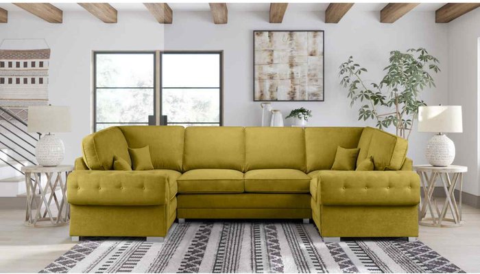 The Range | Simply Eleganza Volvo U Shape Large Sofa Full Back Velour Velvet Fabric - Yellow Simply Eleganza Volvo U Shape Large Sofa Full Back Velour Velvet Fabric - Yellow