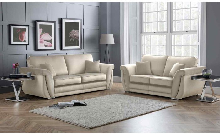 The Range | Simply Eleganza Luca 3 and 2 Seater Full Back Sofa Set Velvet with Beading - Cream Simply Eleganza Luca 3 and 2 Seater Full Back Sofa Set Velvet with Beading - Cream