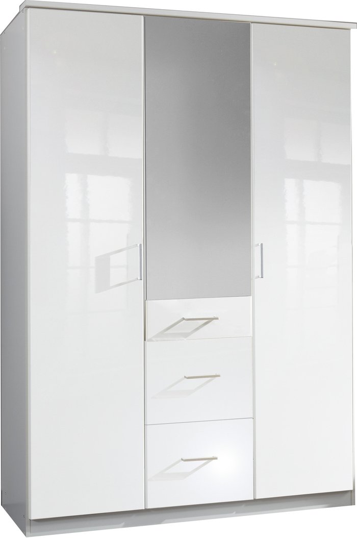 The Range | Tjs Clack 3 Door Wardrobe with Mirror and 3 Drawers - Gloss White Tjs Clack 3 Door Wardrobe with Mirror and 3 Drawers - Gloss White