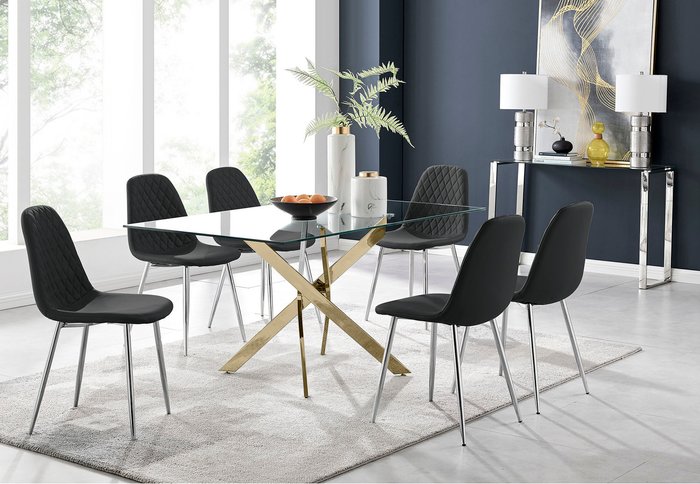 The Range | FurnitureboxUK Leonardo Dining Table With Six Corona Silver Leg Chairs - Black FurnitureboxUK Leonardo Dining Table With Six Corona Silver Leg Chairs - Black