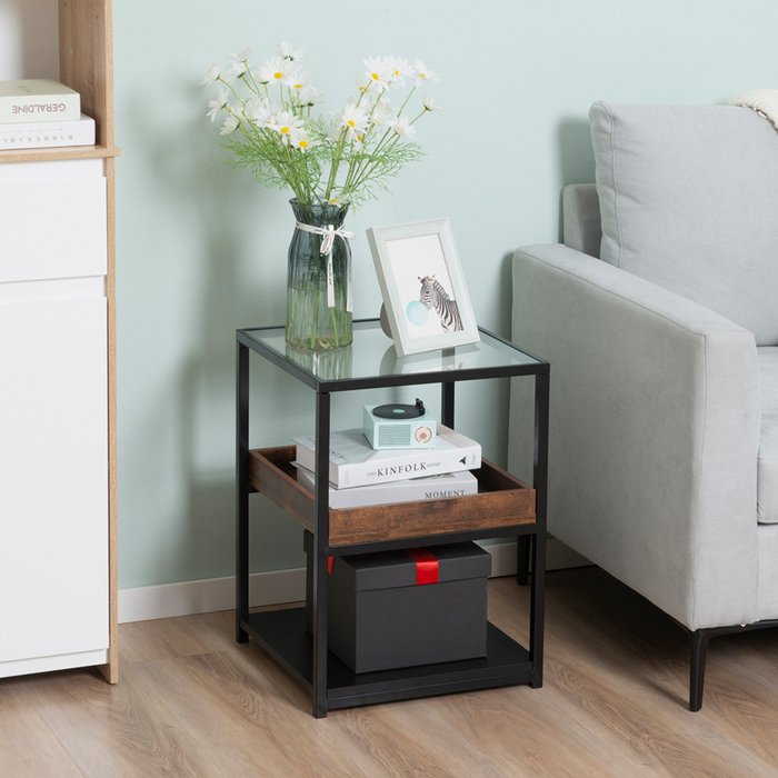The Range | HOMCOM HOMCOM Glass Top Industrial Side Table With 3 Tier Storage Shelves Rustic Wood Finish HOMCOM HOMCOM Glass Top Industrial Side Table With 3 Tier Storage Shelves Rustic Wood Finish