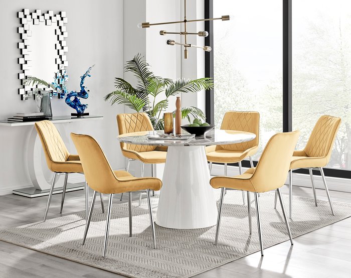 The Range | FurnitureboxUK Palma White Marble Effect Round Dining Table Pesaro Silver Leg Chairs - Mustard / Dining Table & 6 Chairs FurnitureboxUK Palma White Marble Effect Round Dining Table Pesaro Silver Leg Chairs - Mustard / Dining Table & 6 Chairs