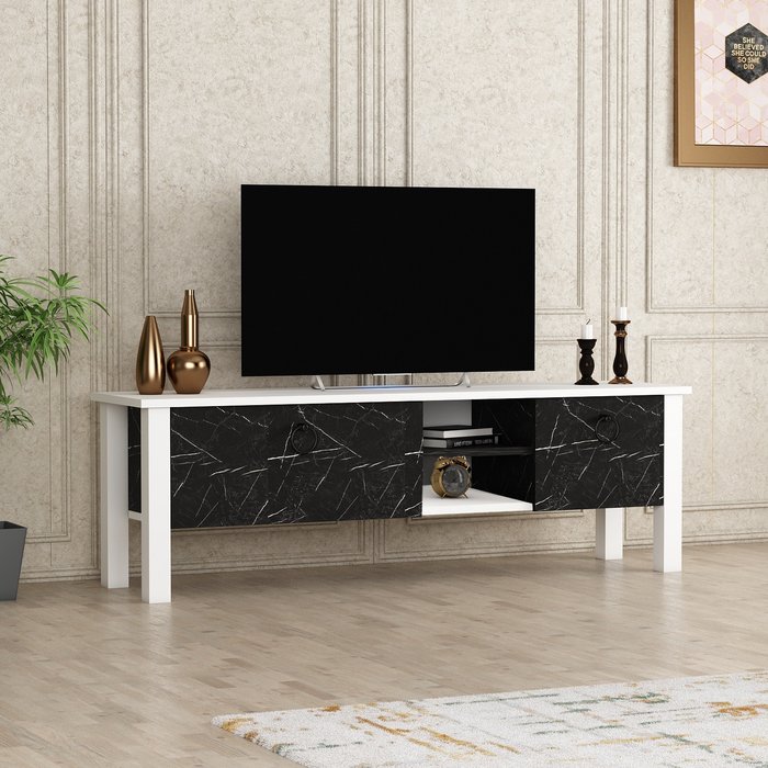 The Range | Destina Home Storm TV Stand and Media Console - White - Black Marble Effect Destina Home Storm TV Stand and Media Console - White - Black Marble Effect