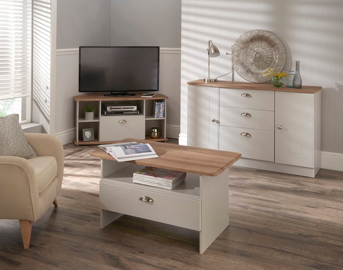 The Range | Victoria Bottom Drawer Lamp Table - Grey Matt with Riviera Oak Top Victoria Bottom Drawer Lamp Table - Grey Matt with Riviera Oak Top