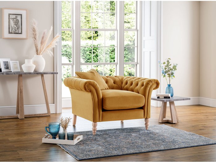 The Range | FurnitureboxUK Olivia Velvet Chesterfield Armchair - Mustard FurnitureboxUK Olivia Velvet Chesterfield Armchair - Mustard