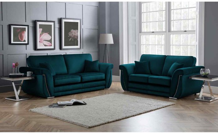 The Range | Simply Eleganza Luca 3 and 2 Seater Full Back Sofa Set Velvet with Beading - Emerald Simply Eleganza Luca 3 and 2 Seater Full Back Sofa Set Velvet with Beading - Emerald