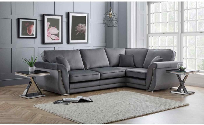 The Range | Simply Eleganza Luca Full Back L Shape Right Hand Corner Sofa Velvet Beading - Grey Simply Eleganza Luca Full Back L Shape Right Hand Corner Sofa Velvet Beading - Grey