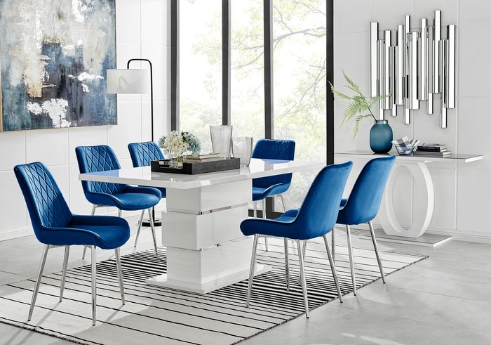 The Range | FurnitureboxUK Apollo Table With Six Pesaro Silver Leg Chairs - Navy FurnitureboxUK Apollo Table With Six Pesaro Silver Leg Chairs - Navy
