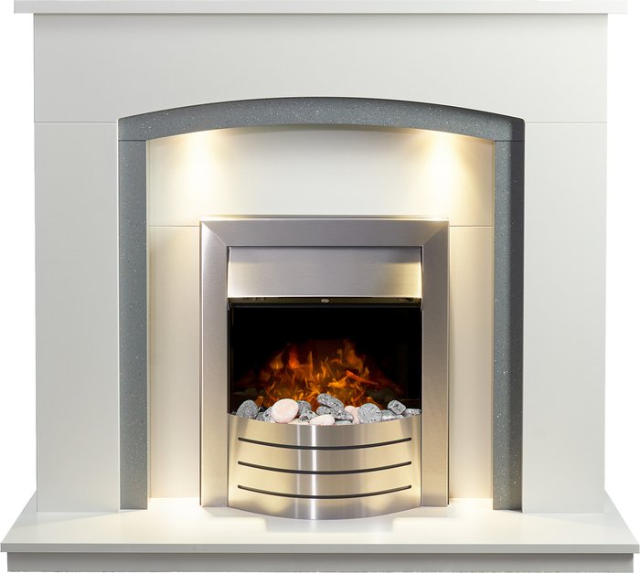 The Range | Adam Adam 2kW Tuscany Fireplace in Pure White & Grey with Comet Electric Fire in Brushed Steel 48 Inch Adam Adam 2kW Tuscany Fireplace in Pure White & Grey with Comet Electric Fire in Brushed Steel 48 Inch