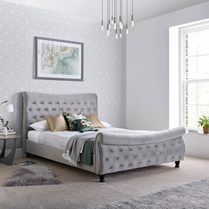 The Range | Oxford Grey Velvet Chesterfield Sleigh Bed Kingsize Oxford Grey Velvet Chesterfield Sleigh Bed Kingsize