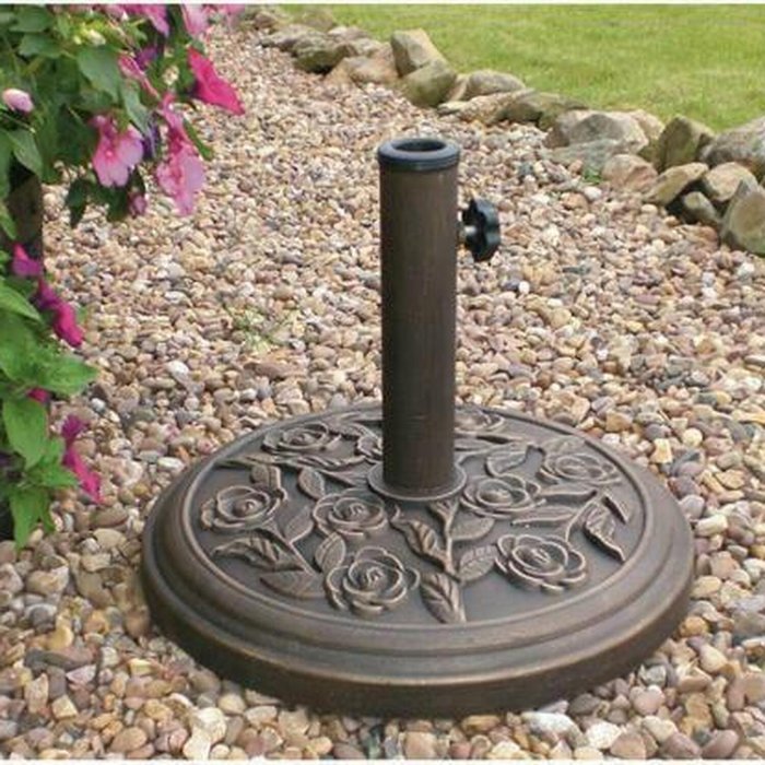 The Range | Kingfisher 9kg 45cm Dia. Cast Iron Effect Garden Parasol Base - Bronze with Rose Design - Black Kingfisher 9kg 45cm Dia. Cast Iron Effect Garden Parasol Base - Bronze with Rose Design - Black