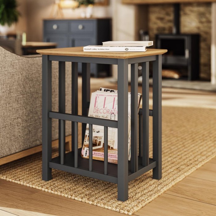 The Range | FWStyle Solid Oak Magazine Rack Table Ready Assembled - Graphite Blue / Square FWStyle Solid Oak Magazine Rack Table Ready Assembled - Graphite Blue / Square