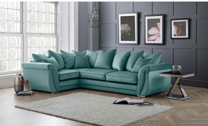 The Range | Simply Eleganza Luca Scatterback L Shape Left Hand Corner Sofa Velour Velvet Fabric with Beading - Turquoise Simply Eleganza Luca Scatterback L Shape Left Hand Corner Sofa Velour Velvet Fabric with Beading - Turquoise