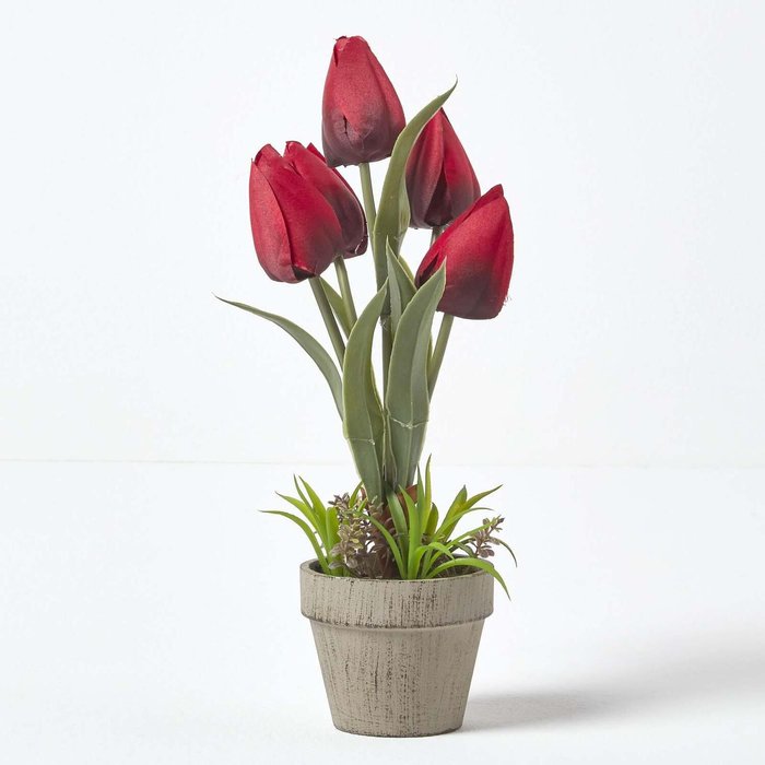 The Range | Homescapes Homescapes Dark Red Artificial Tulips Grey Decorative Stone Pot, 27 cm - Red Homescapes Homescapes Dark Red Artificial Tulips Grey Decorative Stone Pot, 27 cm - Red