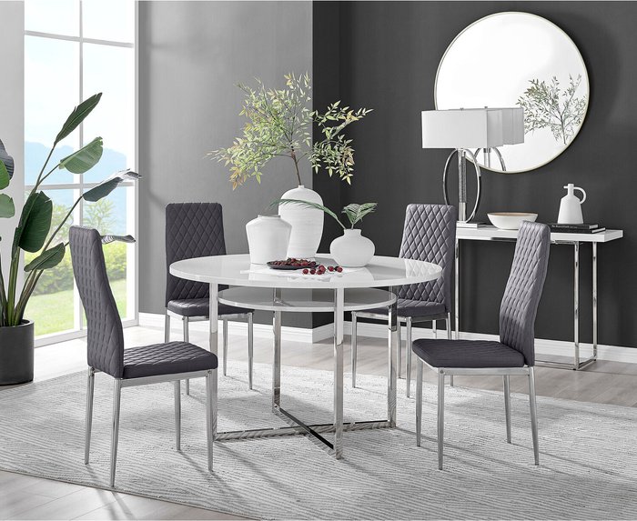 The Range | Furniturebox UK Adley White High Gloss Dining Table and 4 Velvet Milan Chairs - Grey Furniturebox UK Adley White High Gloss Dining Table and 4 Velvet Milan Chairs - Grey