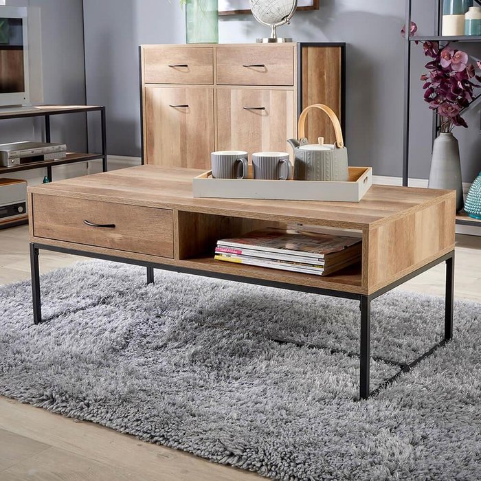 The Range | Home Source Oakmere 1 Drawer Industrial Coffee Table Storage Unit - NaturalBlack - Oak Home Source Oakmere 1 Drawer Industrial Coffee Table Storage Unit - NaturalBlack - Oak