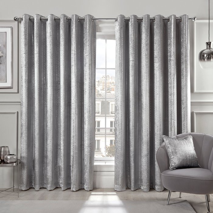 The Range | Divante Selina Foil Dotty Stripe Curtains - Silver / 183cm / 168cm Divante Selina Foil Dotty Stripe Curtains - Silver / 183cm / 168cm