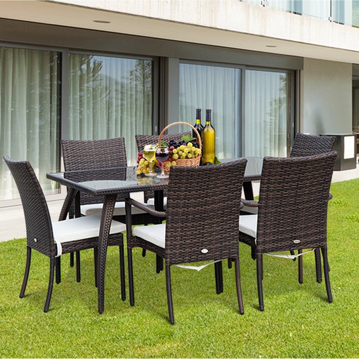 The Range | Outsunny 7PC Rattan Dining Set 6 Wicker Weave Chairs and Table - Brown Outsunny 7PC Rattan Dining Set 6 Wicker Weave Chairs and Table - Brown