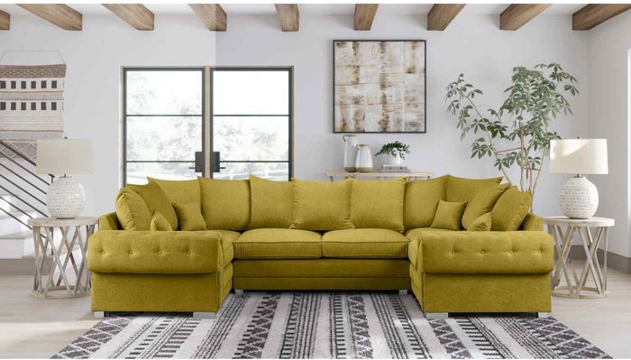 The Range | Simply Eleganza Volvo U Shape Large Sofa Scatterback Velour Velvet Fabric - Yellow Simply Eleganza Volvo U Shape Large Sofa Scatterback Velour Velvet Fabric - Yellow