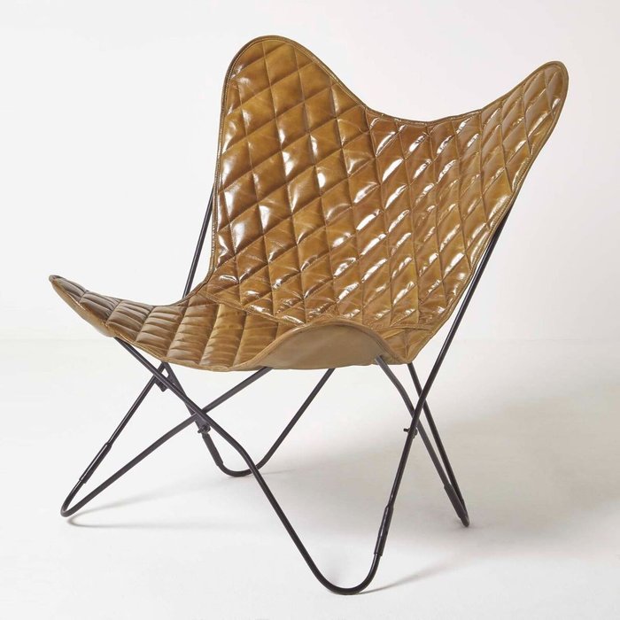 The Range | Homescapes Brown Leather Diamond Butterfly Chair - Brown Homescapes Brown Leather Diamond Butterfly Chair - Brown